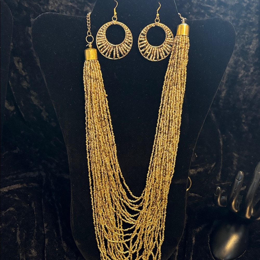 Chic Gold Beaded Necklace and Earring Set